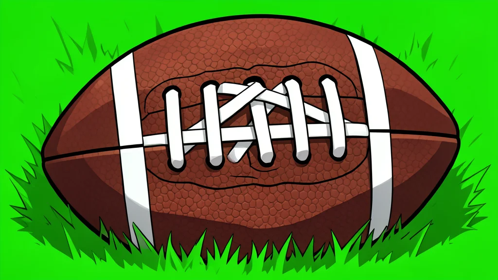 A single brown football resting on vibrant green grass under a clear sky.