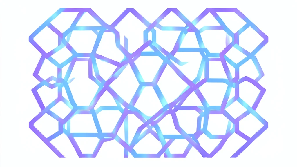 A complex, interlocking geometric lattice structure glowing with soft blue light, representing a secure digital network.