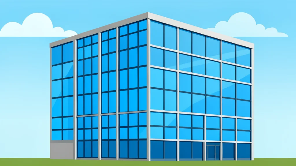 A modern glass office building with a grid of windows reflecting the sky