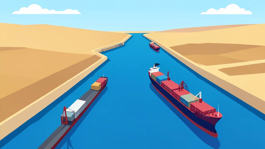 A flat-vector illustration of oil tankers navigating the narrow water channels of the Strait of Hormuz.