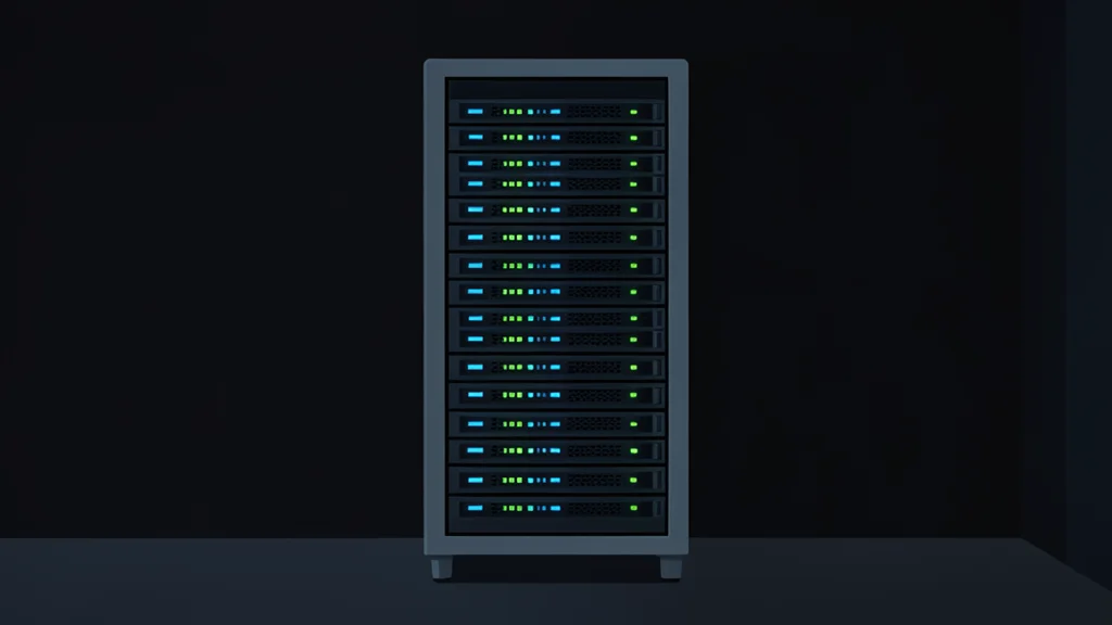 A server rack with blinking status lights in a dark room