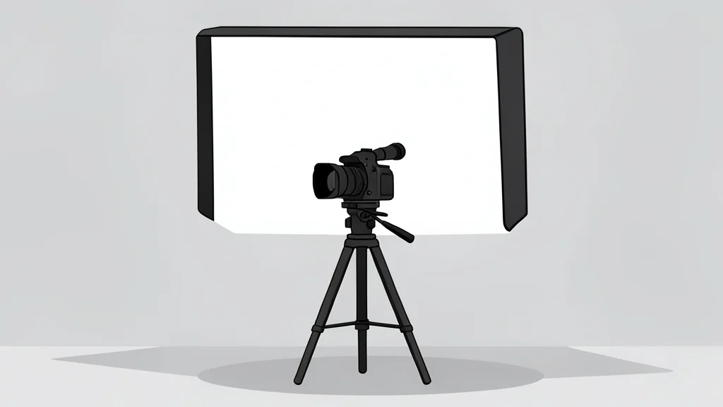 A professional video camera on a tripod positioned in front of a softbox light in a studio setting