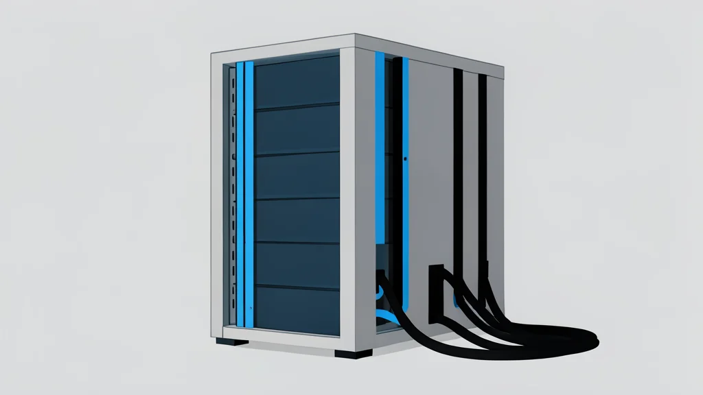 A large industrial server rack with visible cooling pipes and power cables