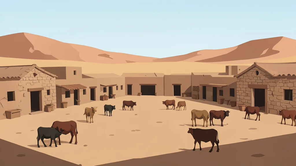 A flat-vector illustration of a dusty market square in a semi-arid landscape with scattered livestock and low stone buildings.