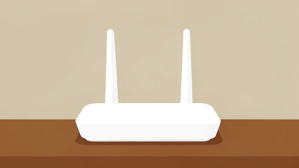 A white wireless router with multiple antennas sits on a wooden desk