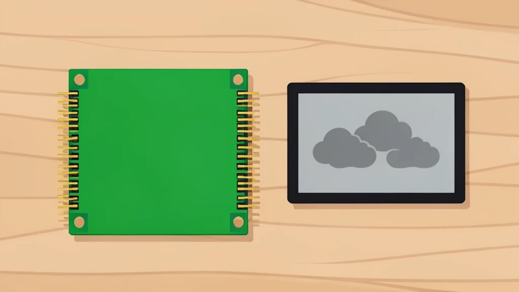 A small green circuit board with gold pins rests on a wooden surface beside a flat digital display showing abstract map shapes.