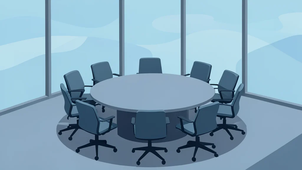 A circular arrangement of empty chairs around a large conference table in a modern room