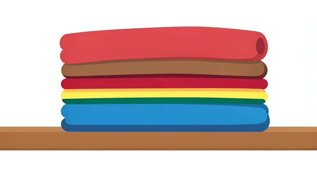 A neatly folded stack of colorful clothing items on a wooden shelf