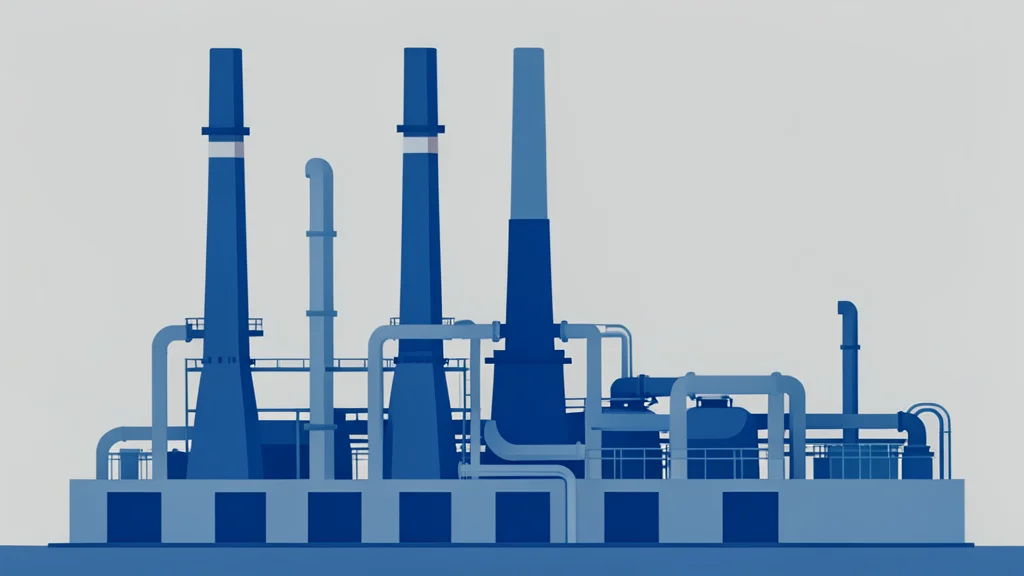 A large industrial gas processing facility with tall vertical stacks and piping infrastructure