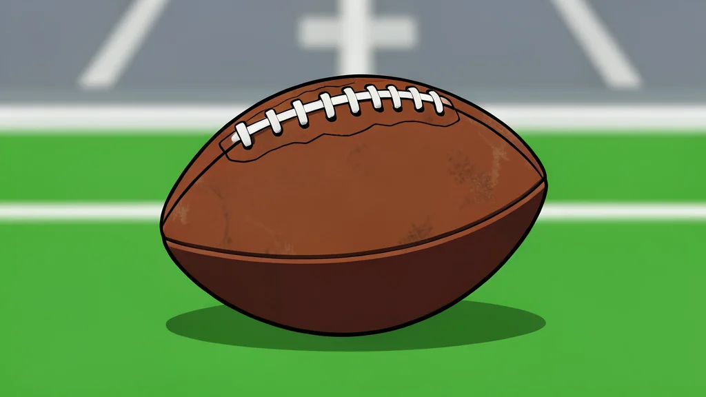 A green football field with white yard lines and a brown leather football resting on the grass