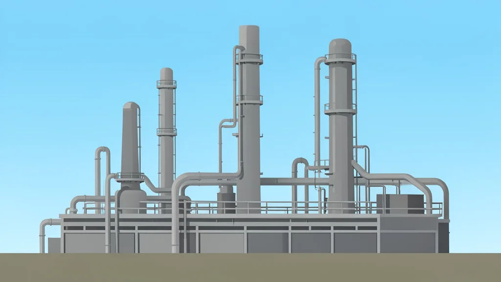 A large industrial oil refinery with tall distillation towers and piping against a clear sky