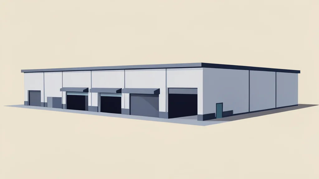 A large, modern industrial warehouse building with a flat roof and loading docks