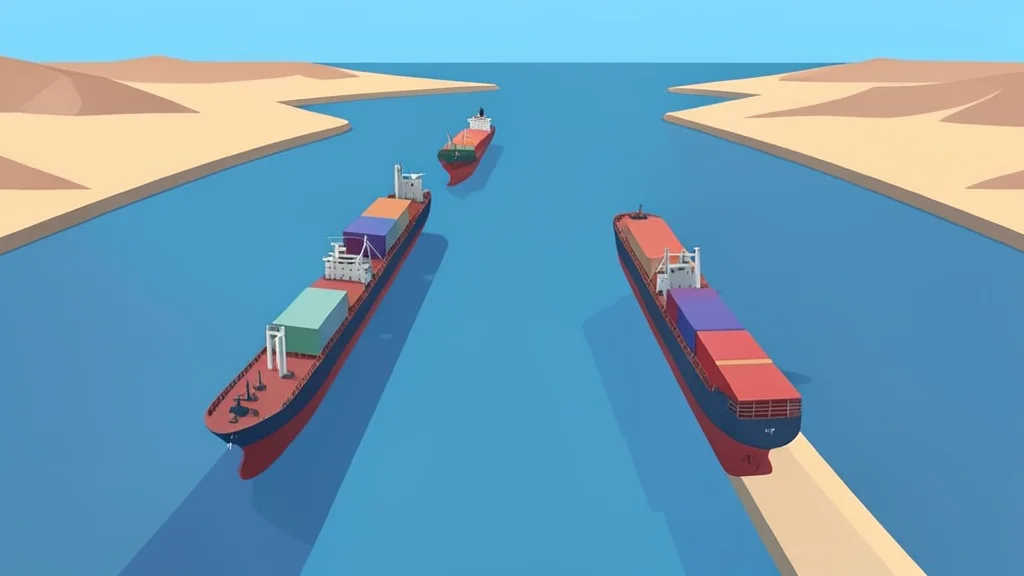 A flat vector illustration of oil tankers navigating the narrow water channels of the Strait of Hormuz, with no text or numbers visible.