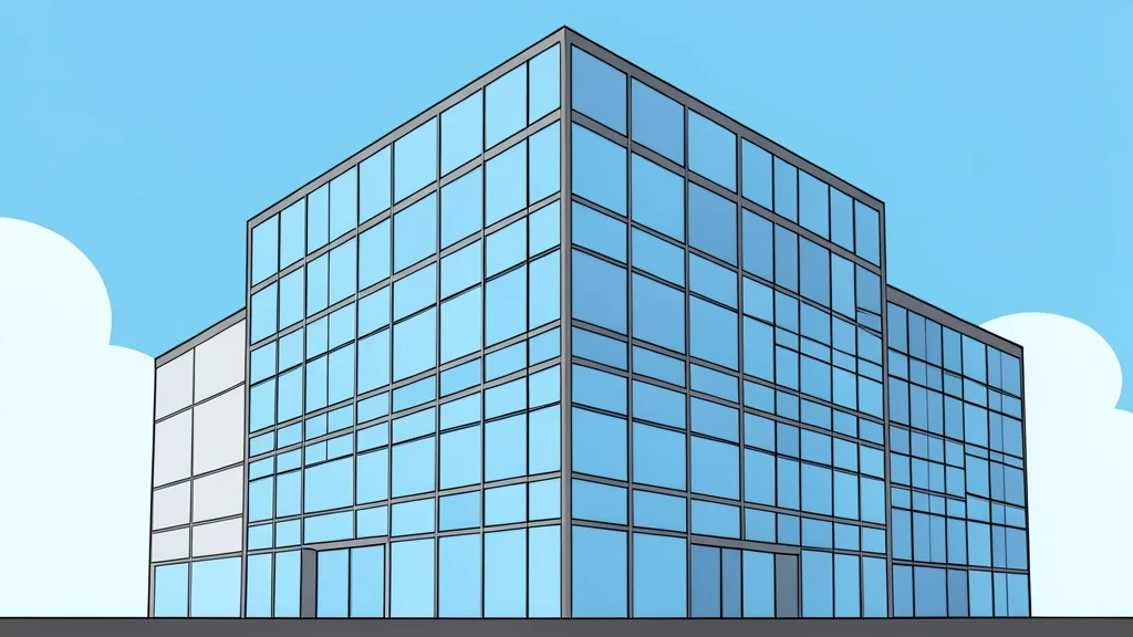 A modern glass office building with a grid-like facade reflecting the sky