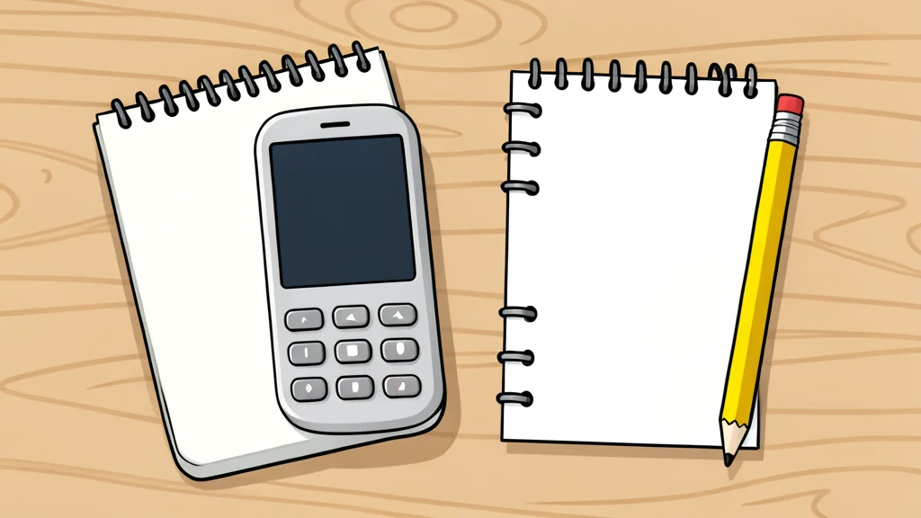 A simple, rectangular mobile phone with a physical keypad and a small screen, sitting on a wooden desk next to a pencil and a notebook.