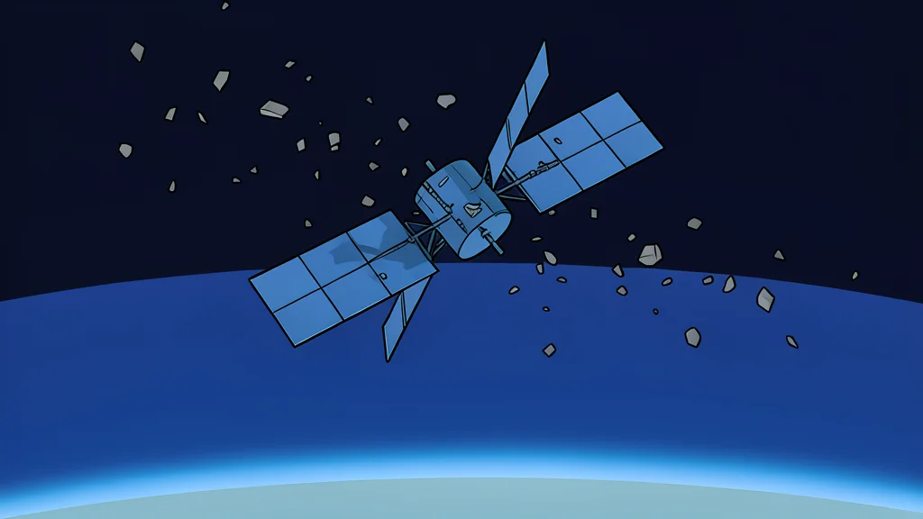 A satellite orbiting above a curved horizon of the Earth against a starry background