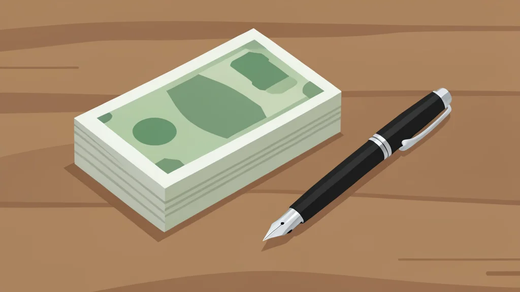 A stack of paper currency notes and a fountain pen resting on a wooden desk
