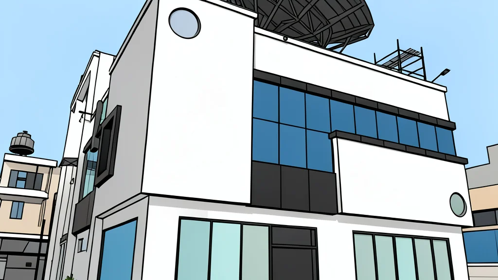 A large white parabolic satellite dish antenna mounted on a sturdy metal base, pointing towards the sky