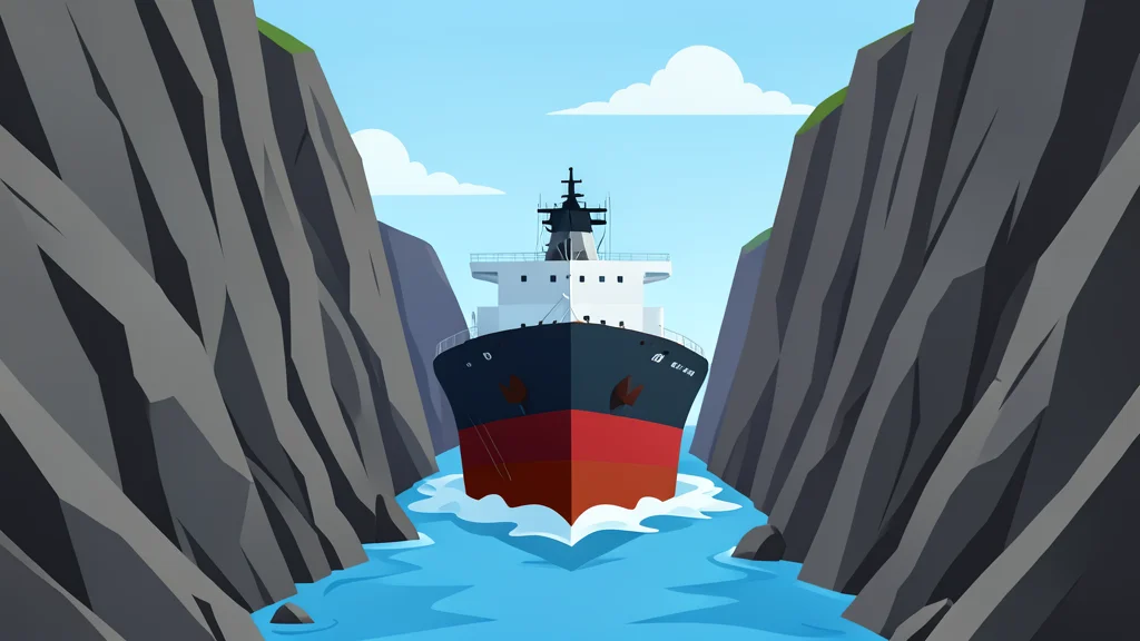 A large oil tanker navigating through a narrow, rocky strait with steep cliffs on either side.