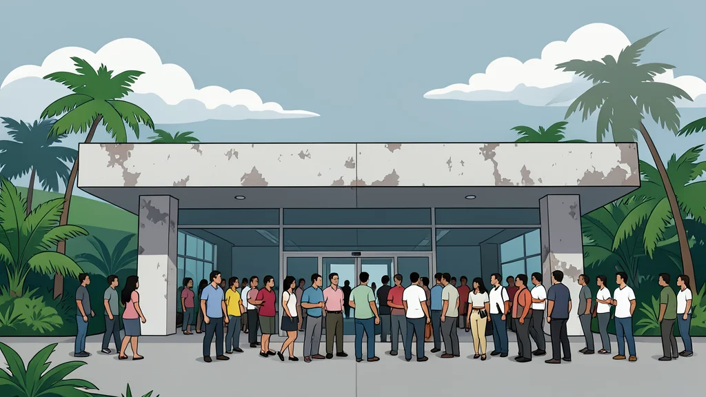 A weathered airport terminal entrance with a long queue of people waiting, set against a backdrop of tropical vegetation and a cloudy sky.