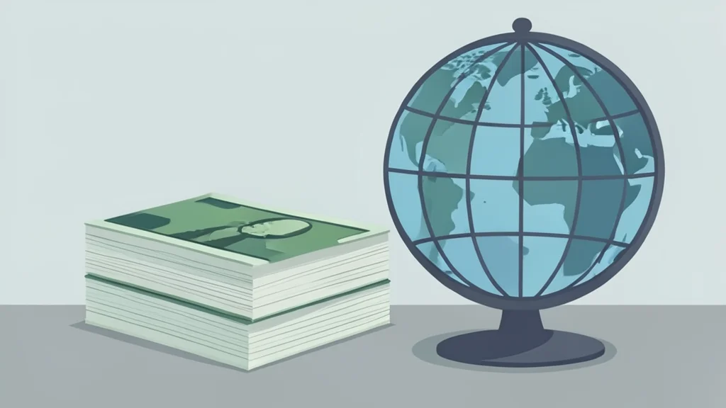A stack of physical currency notes and a globe