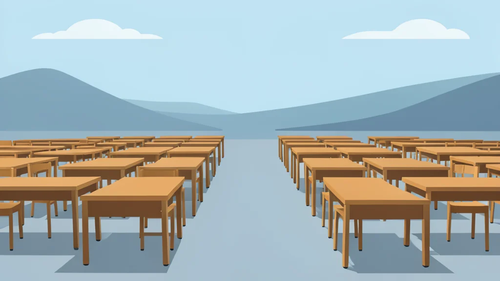A calm, open-air trading floor with rows of empty desks and chairs under soft natural light