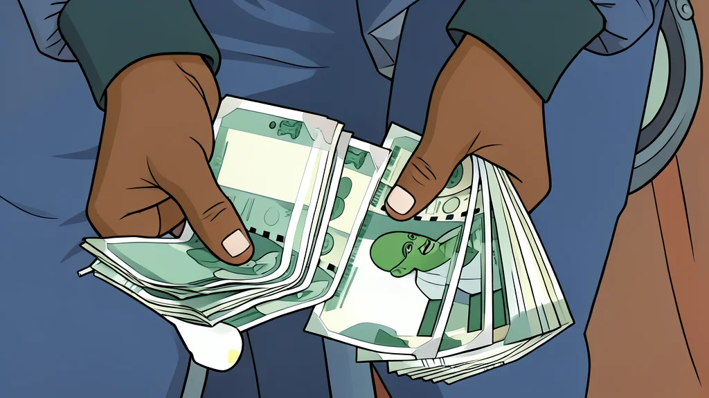 A stack of paper currency notes resting on a wooden desk surface