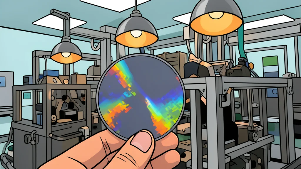 A close-up view of a silicon wafer featuring a precise grid of square integrated circuits.