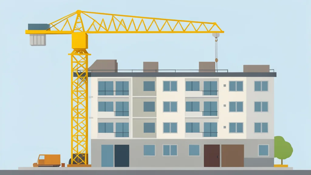 A modern residential building under construction with a crane in the background