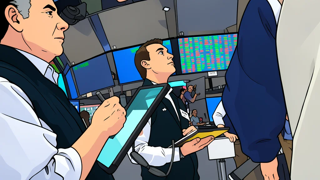 A minimalist vector illustration of a busy trading floor with rows of empty desks and computer monitors.