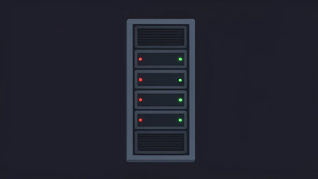 A tall server rack with glowing red and green status lights in a dark room.