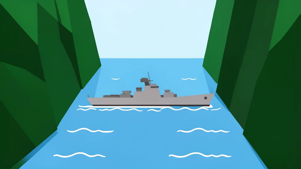 A naval warship navigating through a narrow, rocky strait with steep cliffs on either side