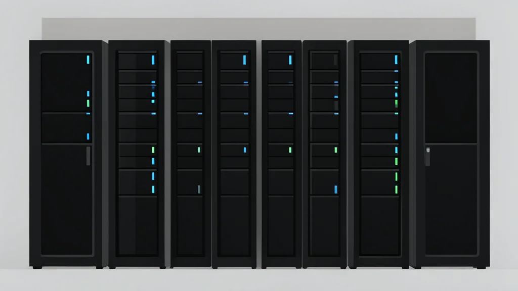 A modern server room with rows of black racks and blinking status lights