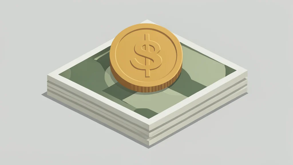 A digital coin resting on a stack of paper banknotes