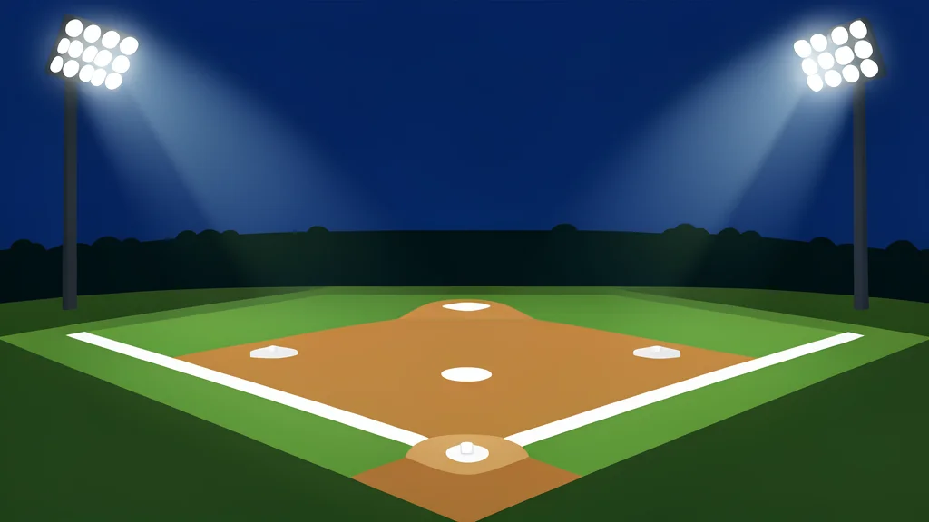 A baseball diamond with a pitcher's mound and bases under stadium lights