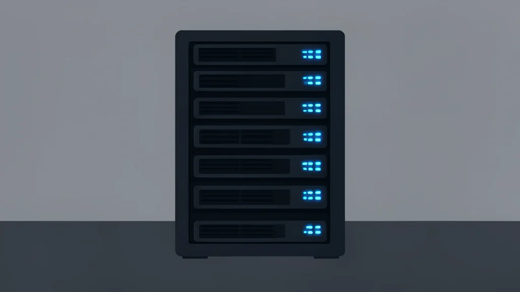 A high-density server rack with glowing blue status lights in a dark room