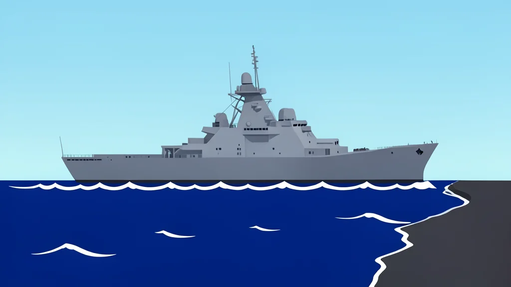 A large naval warship sailing on the open ocean near a narrow strait