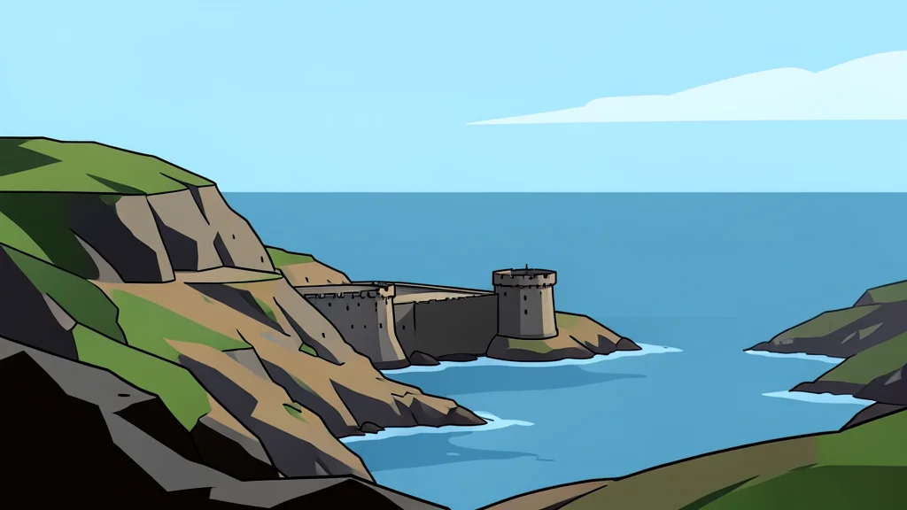 A flat-vector illustration of a rugged coastal landscape featuring a fortified port structure and a calm sea horizon.