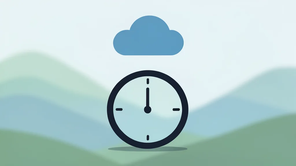 A minimalist digital clock face and a simple weather icon floating over a blurred landscape background