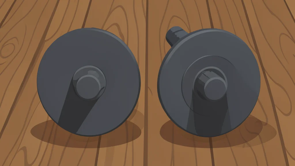 A pair of heavy iron dumbbells resting on a weathered wooden floor