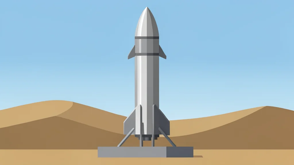 A large metallic rocket standing vertically on a launch pad in a desert landscape