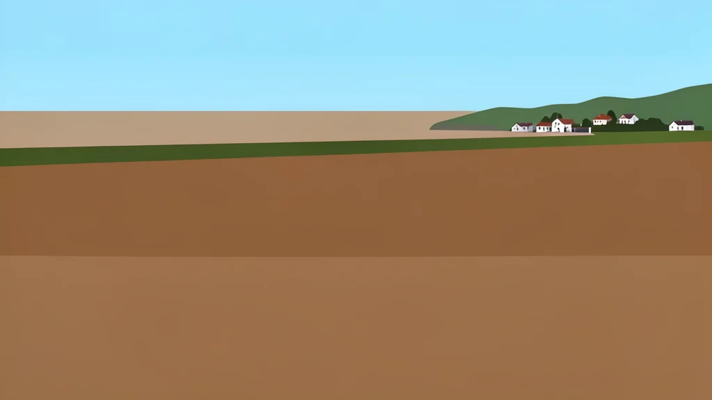 A long, low earthen embankment rising above a vast expanse of brown floodwater, with a distant view of a small settlement on higher ground.