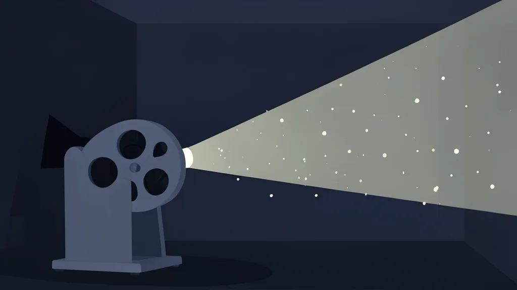 A single beam of light from a film projector cutting through a dark room, illuminating dust particles in the air.