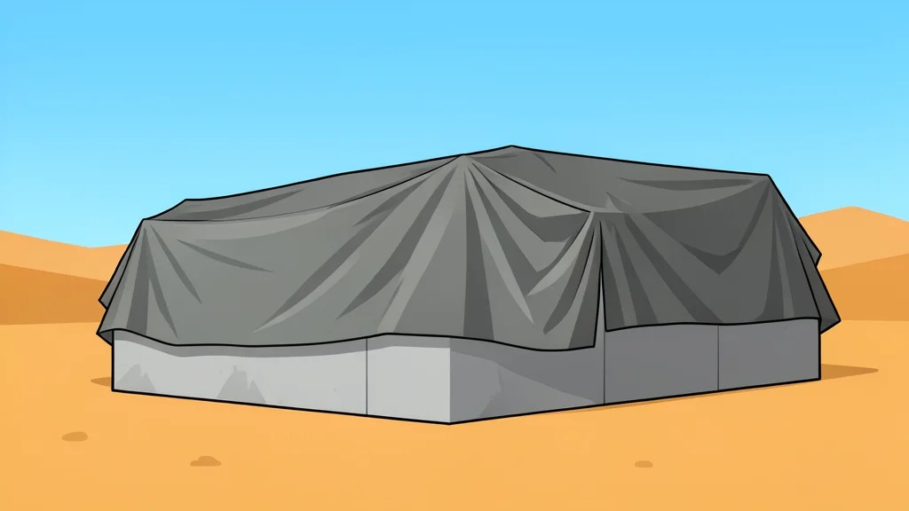 A large concrete bunker structure partially covered by a heavy industrial tarp in a desert landscape