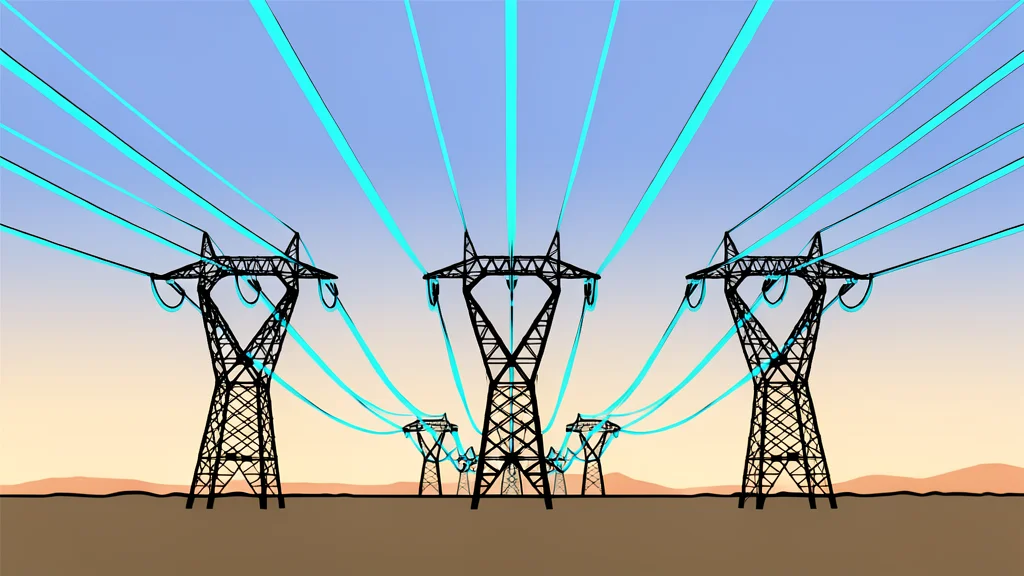 A close-up view of a high-voltage electrical insulator attached to a steel transmission tower against a clear sky.