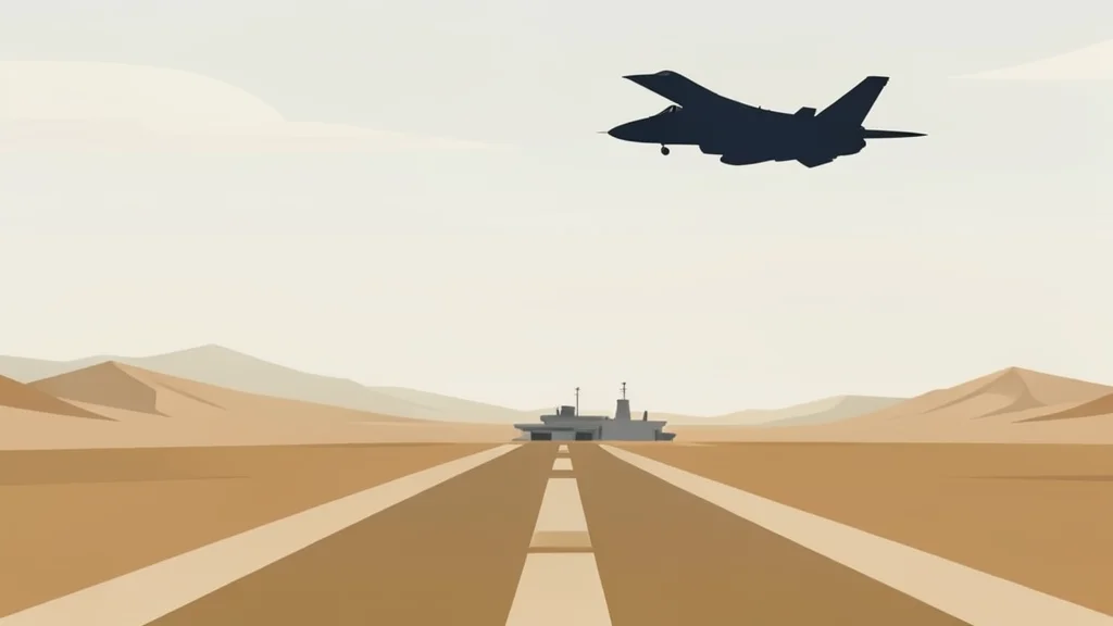 A dusty desert landscape featuring a distant airbase runway and a single fighter jet silhouette against a hazy sky