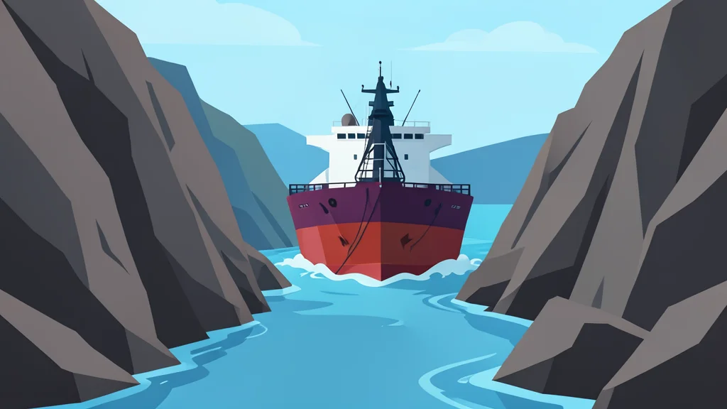 A large oil tanker ship navigating through a narrow, rocky strait