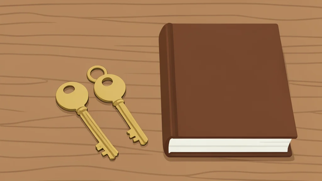 A set of brass house keys resting on a wooden table next to a closed book