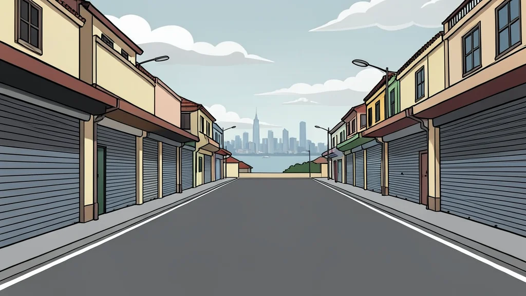 A wide, empty city street in Manila with closed shop shutters and a distant view of the Manila Bay skyline under a cloudy sky.