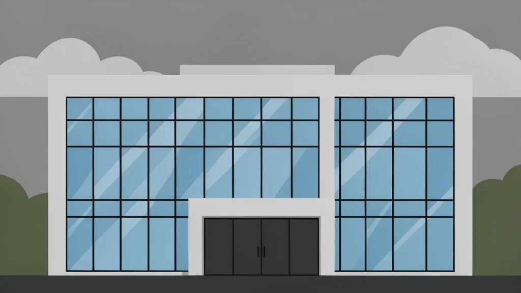 A modern central bank building facade with large glass windows reflecting a cloudy sky